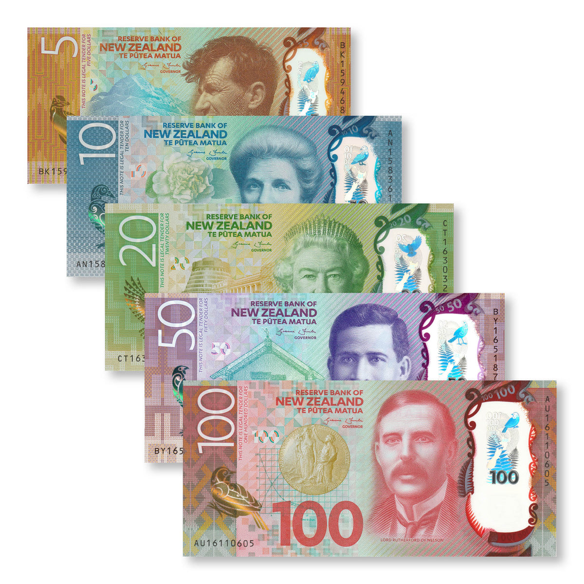 New Zealand Full Set: 5–100 Dollars, 2015–2016, B137–B141, P191–P195, UNC - Robert's World Money - World Banknotes