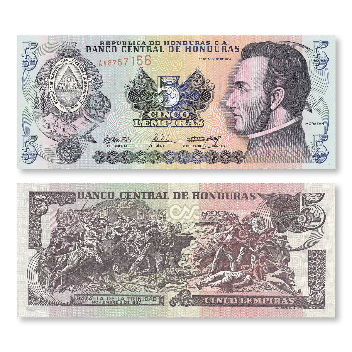 Honduras 5 Lempiras, 2004, B328k, P85d, UNC - Robert's World Money - World Banknotes