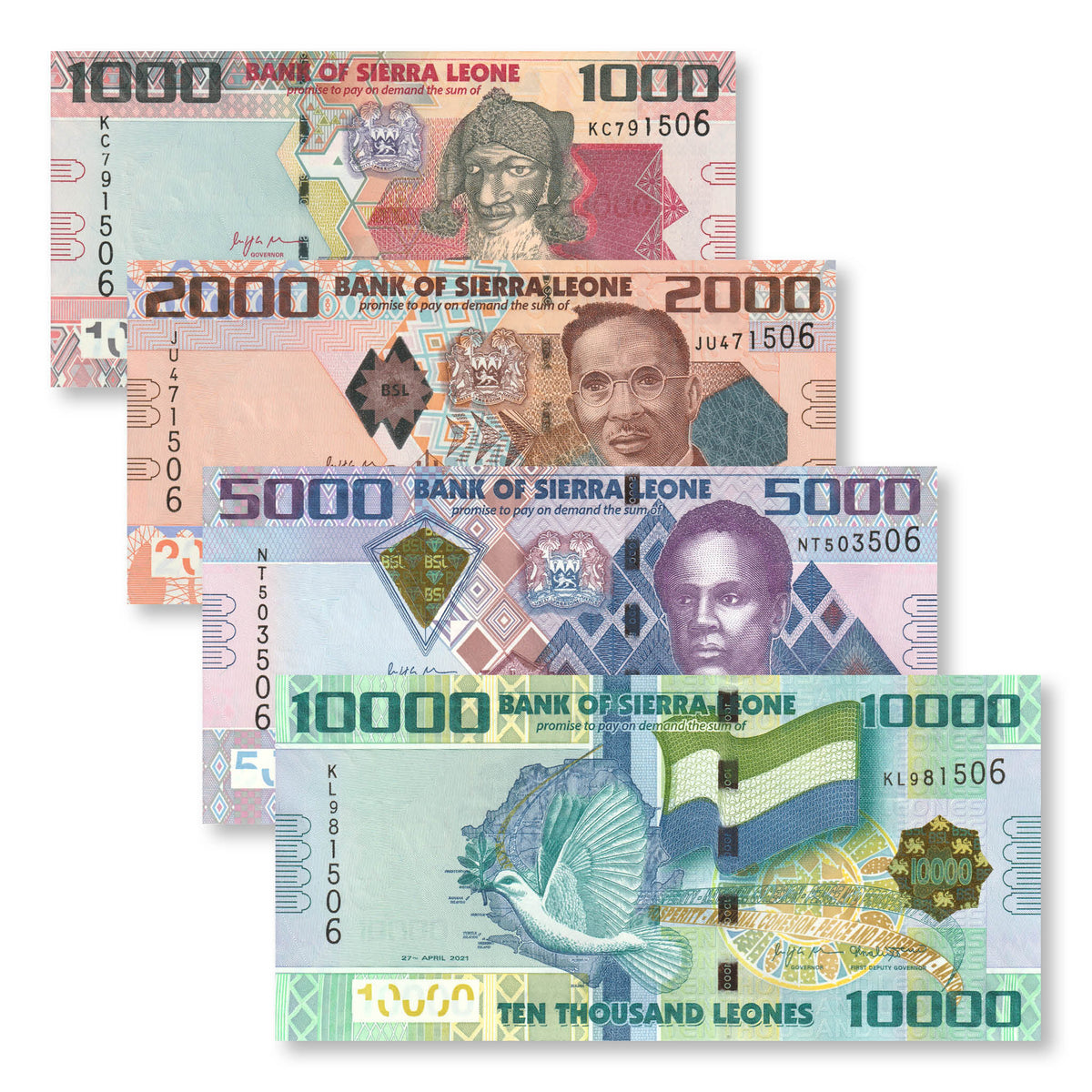 Sierra Leone Full Set: 1,000–10,000 Leones, 2021, B125–B128, P30–P33, UNC - Robert's World Money - World Banknotes