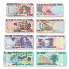 Sierra Leone Superset: 2021 & 2022 Old & New Denomination Leones, UNC - Robert's World Money - World Banknotes