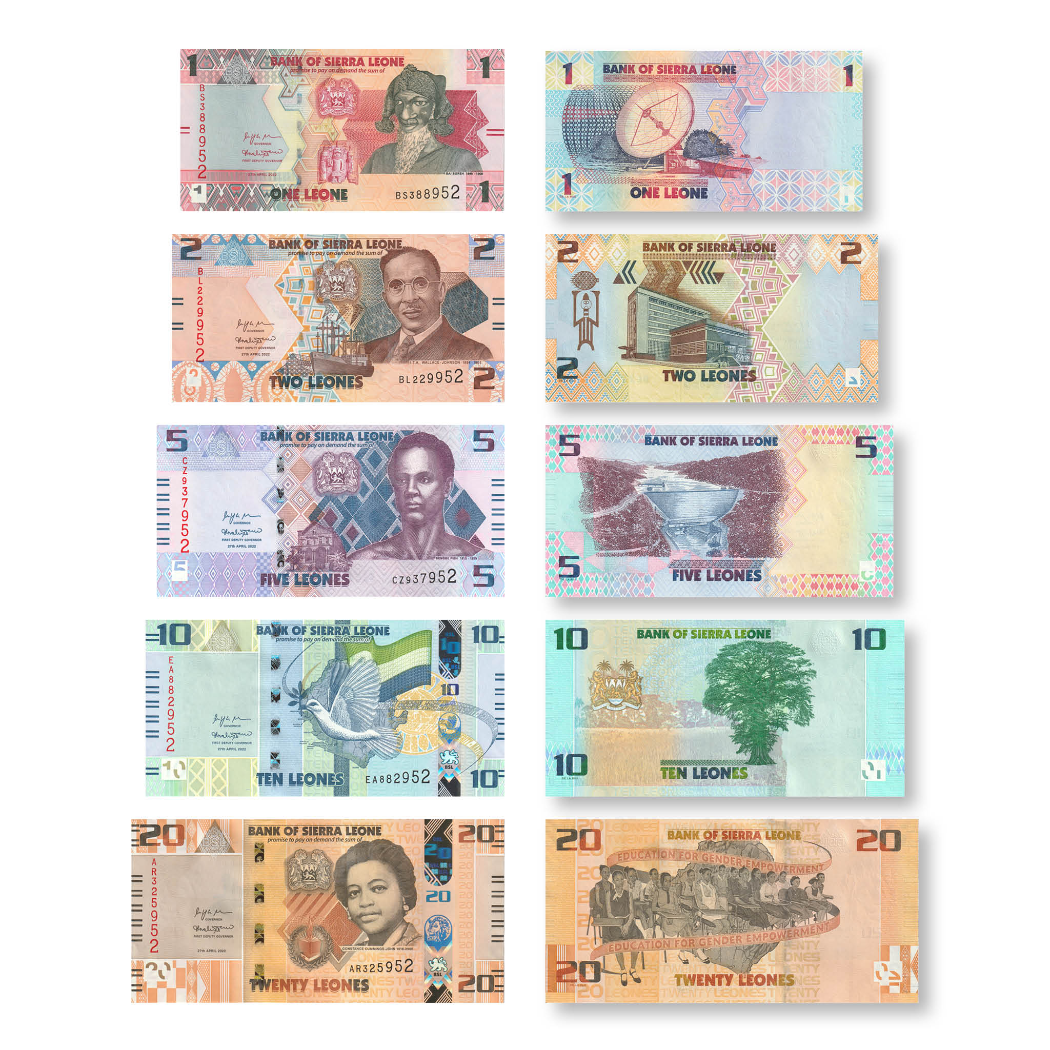 Sierra Leone Superset: 2021 & 2022 Old & New Denomination Leones, UNC - Robert's World Money - World Banknotes
