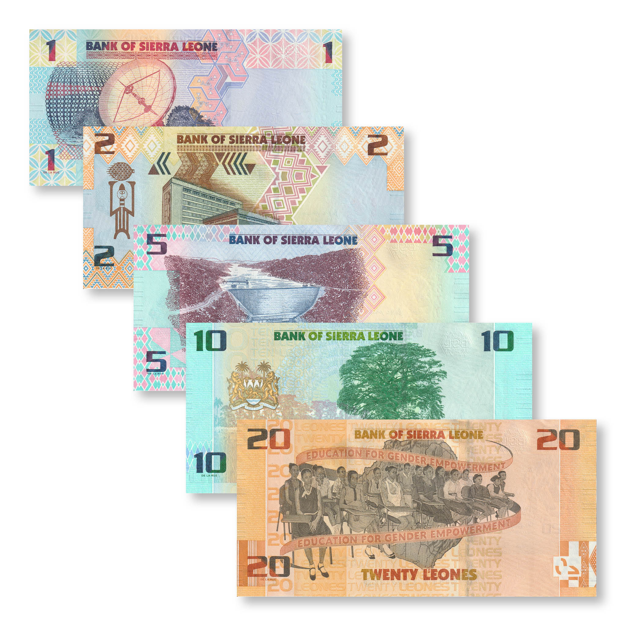 Sierra Leone Full Set: 1–20 Leones, 2022, B129–B133, UNC - Robert's World Money - World Banknotes