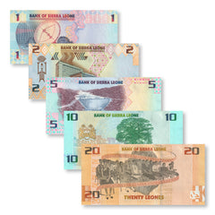 Sierra Leone Full Set: 1–20 Leones, 2022, B129–B133, UNC - Robert's World Money - World Banknotes