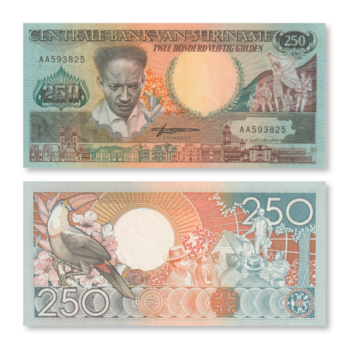 Suriname 250 Gulden, 1988, B520a, P134, UNC - Robert's World Money - World Banknotes
