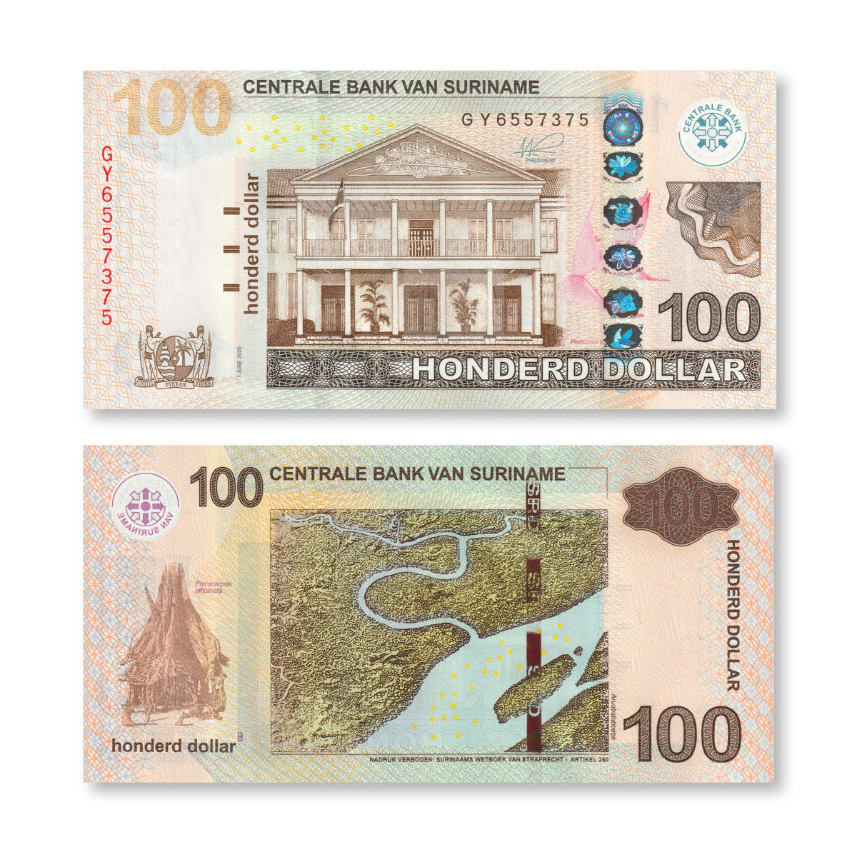 Suriname 100 Dollars, 2020, B549e, P166, UNC - Robert's World Money - World Banknotes
