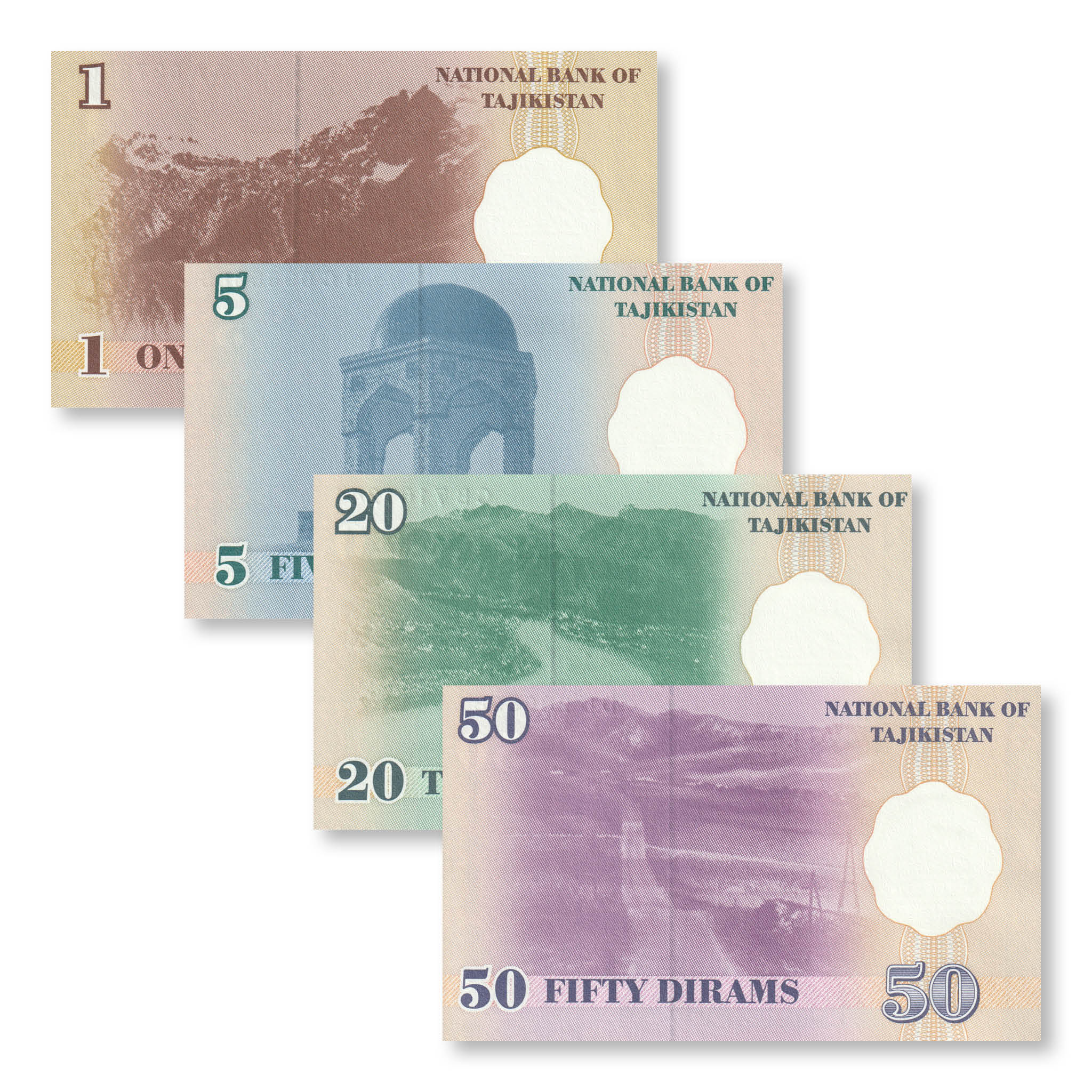 Tajikistan Set: 1–50 Dirams, 1999 (2000), B201–B204, P10–P13, UNC - Robert's World Money - World Banknotes