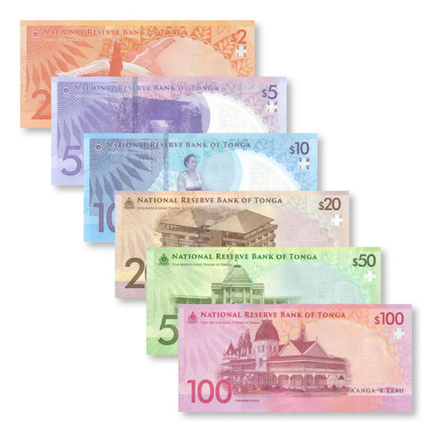 Tonga Full Set: Brand New 2023 Series, 2–100 Pa'anga, B225a–B230a, UNC - Robert's World Money - World Banknotes