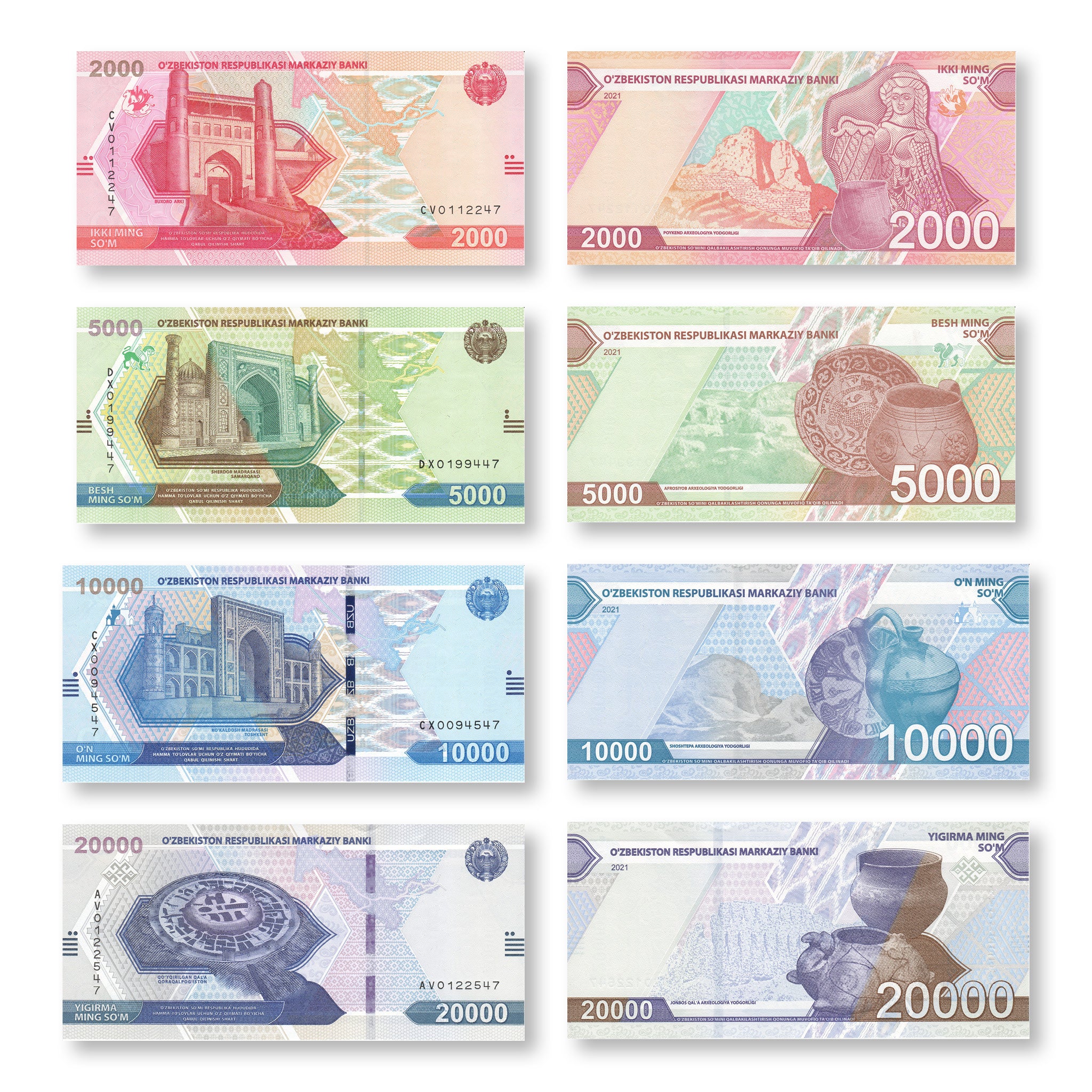 Uzbekistan Set: 2,000–20,000 Som, 2021, B217–B220, UNC - Robert's World Money - World Banknotes