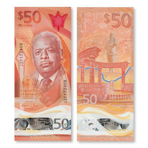 Barbados 50 Dollars, 2022, B243a, UNC - Robert's World Money - World Banknotes