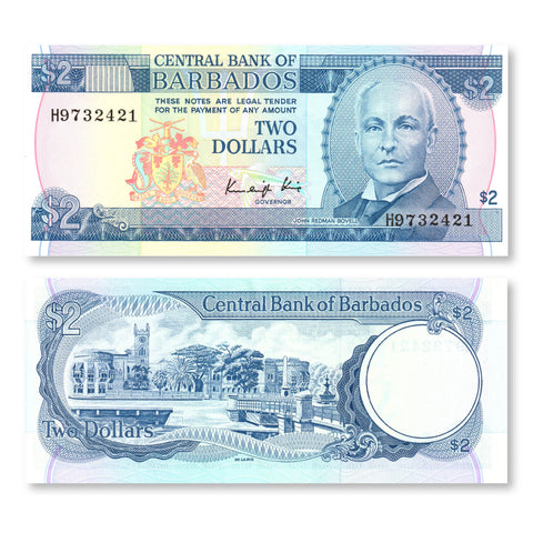 Barbados 2 Dollars, 1987, B202b, P36, UNC - Robert's World Money - World Banknotes