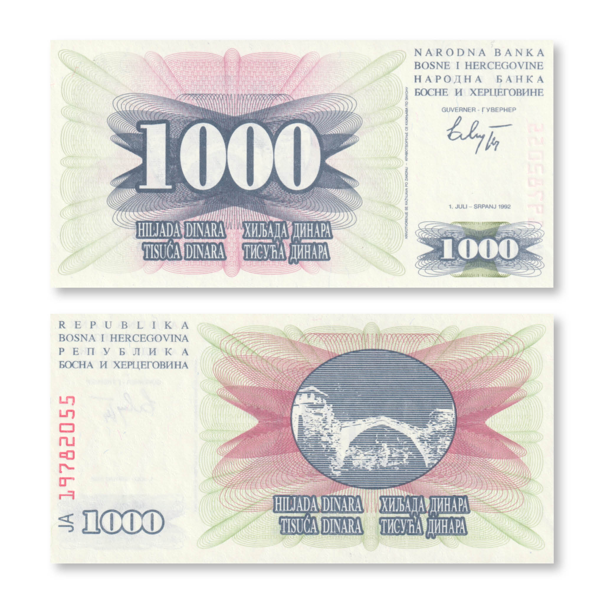 Bosnia 1000 Dinars, 1992, B118a, P15a, UNC - Robert's World Money - World Banknotes
