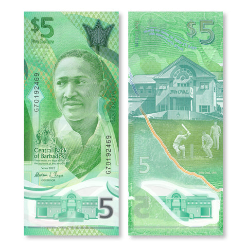 Barbados 5 Dollars, 2022, B240a, UNC - Robert's World Money - World Banknotes