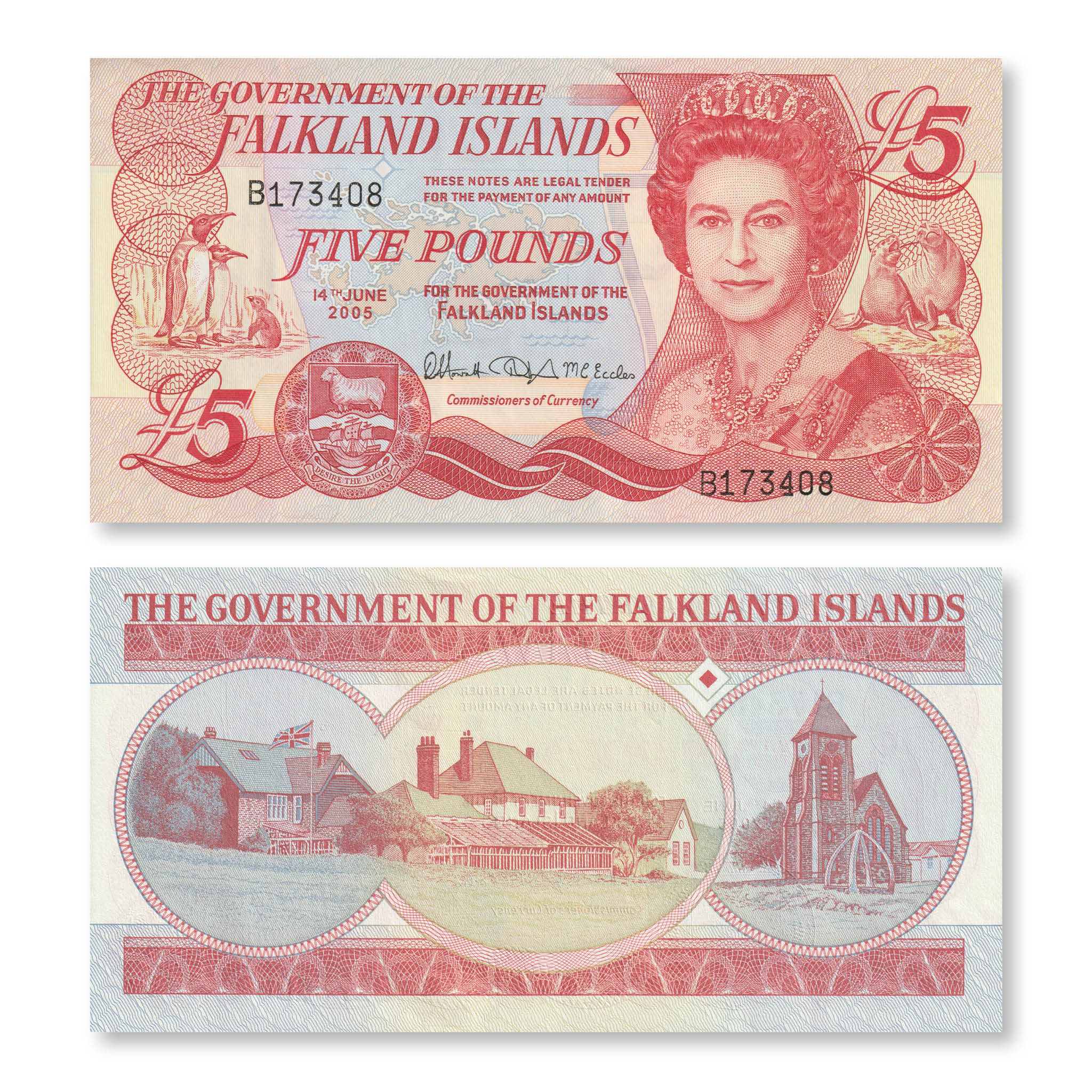 Falkland Islands 5 Pounds, 2005, B219a, P17a, UNC - Robert's World Money - World Banknotes